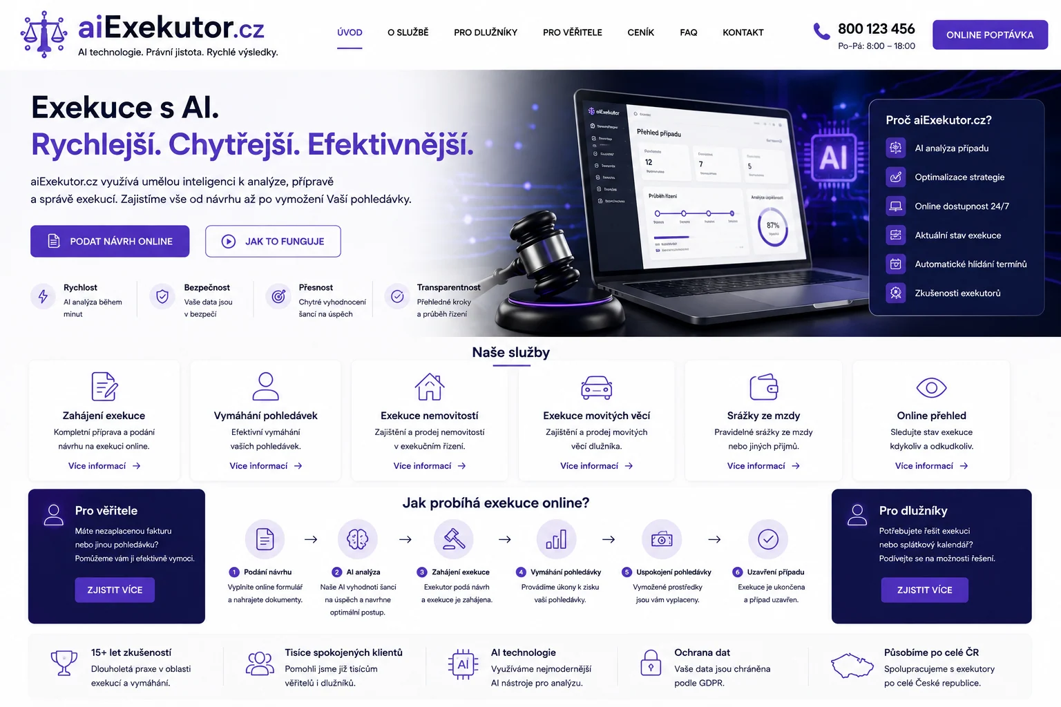 Vizuální návrh možného projektu aiExekutor.cz zaměřeného na legal-tech podporu exekuční a vykonávací agendy
